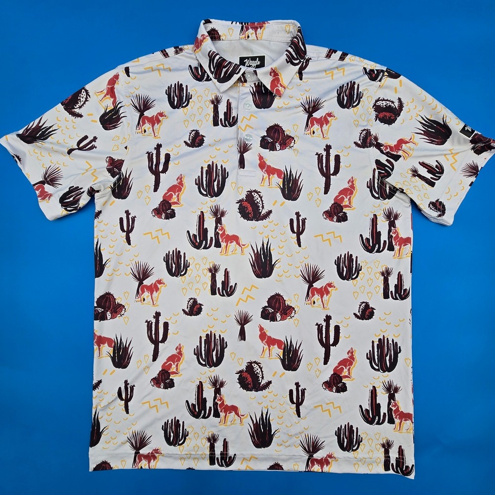 Waggle Golf Polo Shirt Mens M Desert Coyote Cactus Short Sleeve White Multi